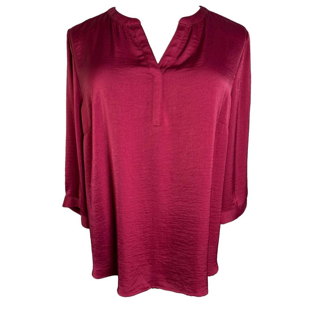 Chico's Size 3 XL Wine Red Satin Split V-Neck Blouse Tunic 3/4 Sleeve Top
